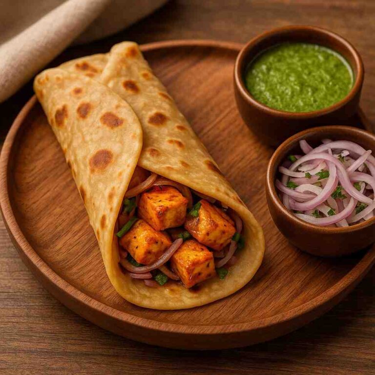 Cooked Paneer Tikka Frankie served on wooden plate with mint chutney and onion salad in a homely Indian kitchen setting"